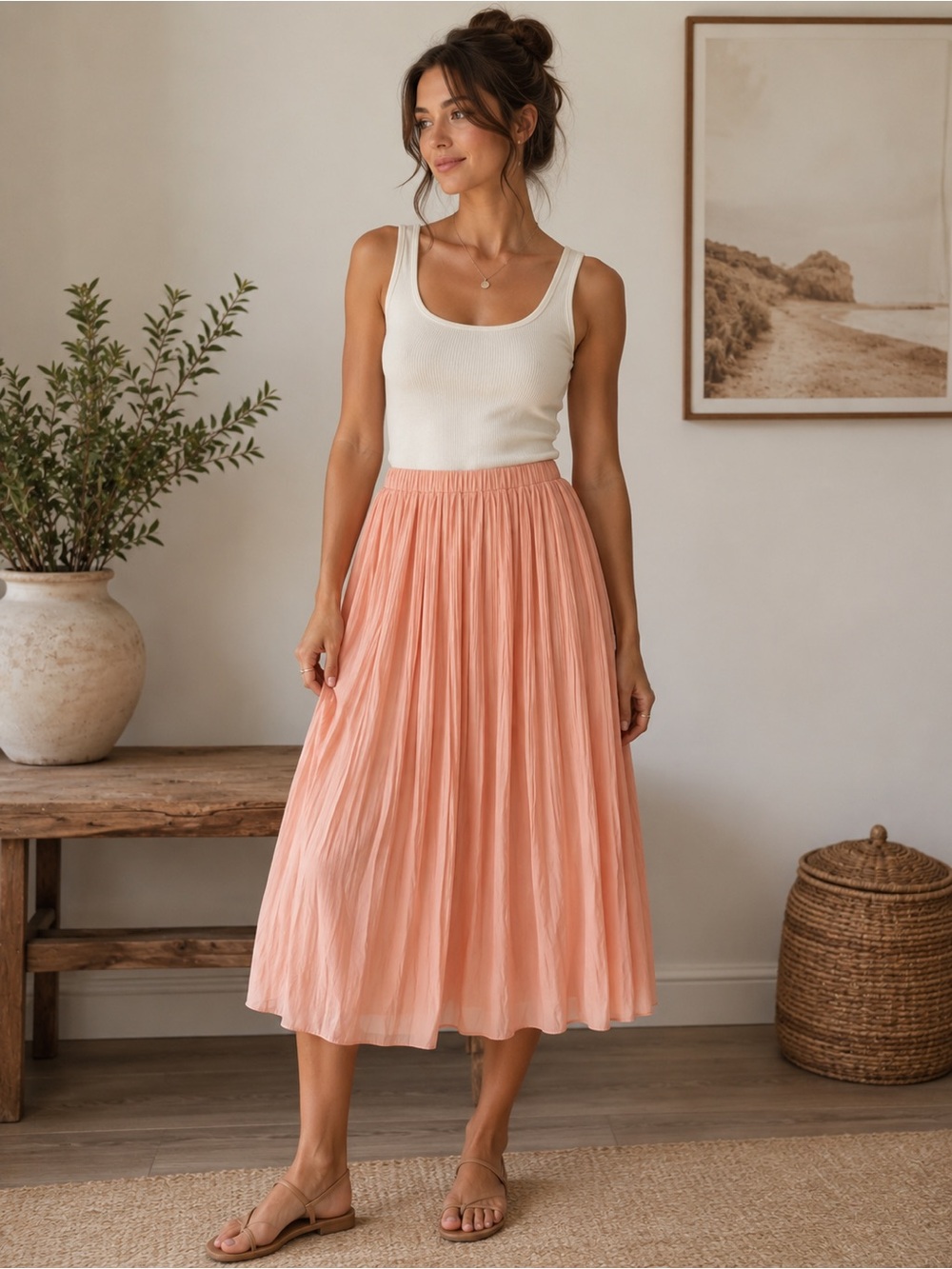 Hem & Thread NWT Pink/Peach Pleated Midi Skirt Size Medium